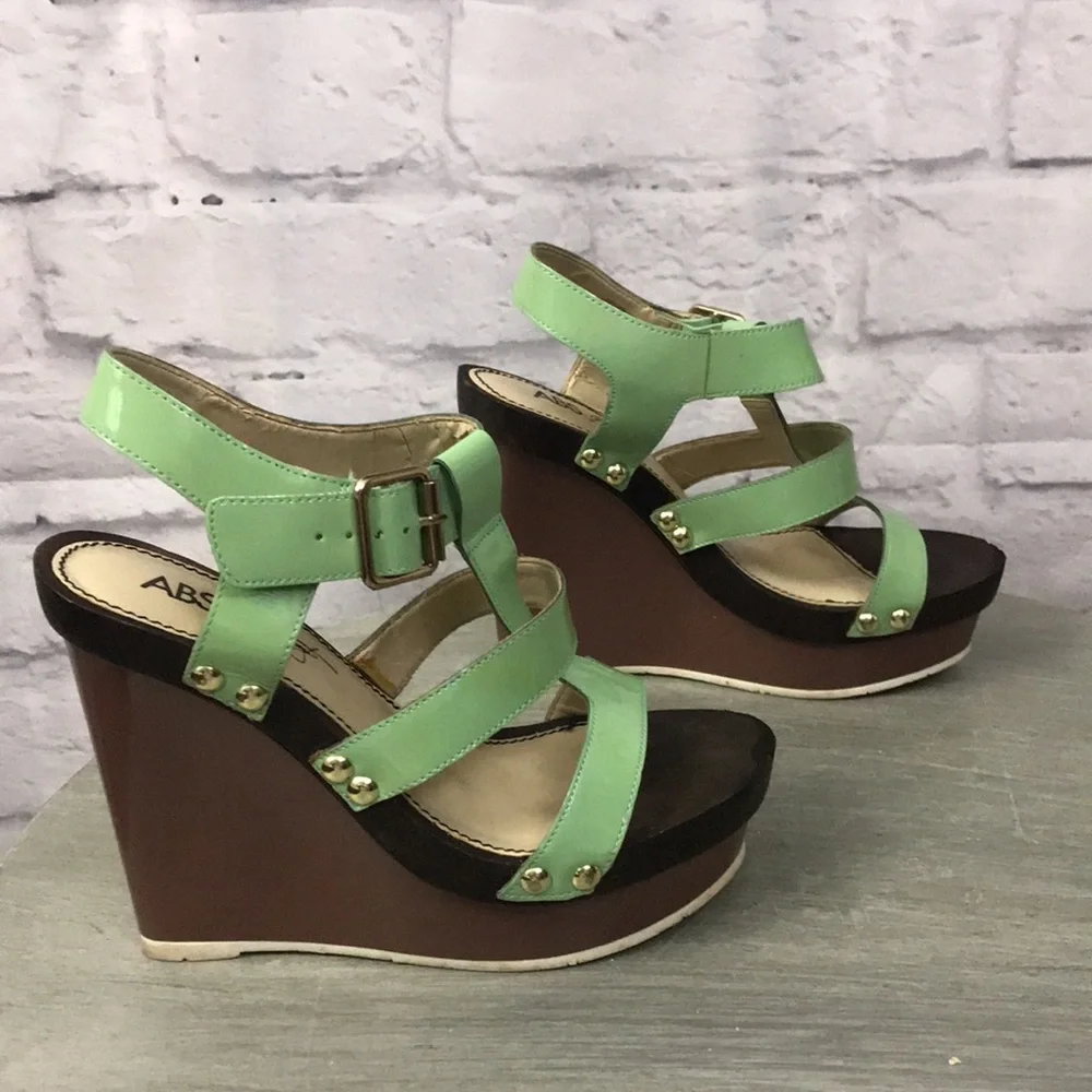 ABS Allen Schwartz Leather “Graciela” Ankle Strap Wedges, Mint Green 7.5